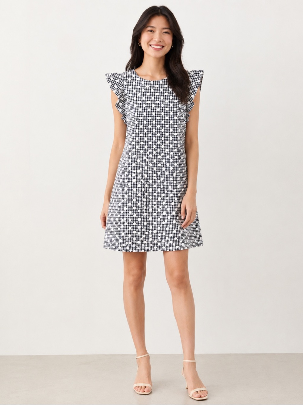 Adrianna Papell Black and White Gingham Polka Dot Ruffle Sleeve Dress